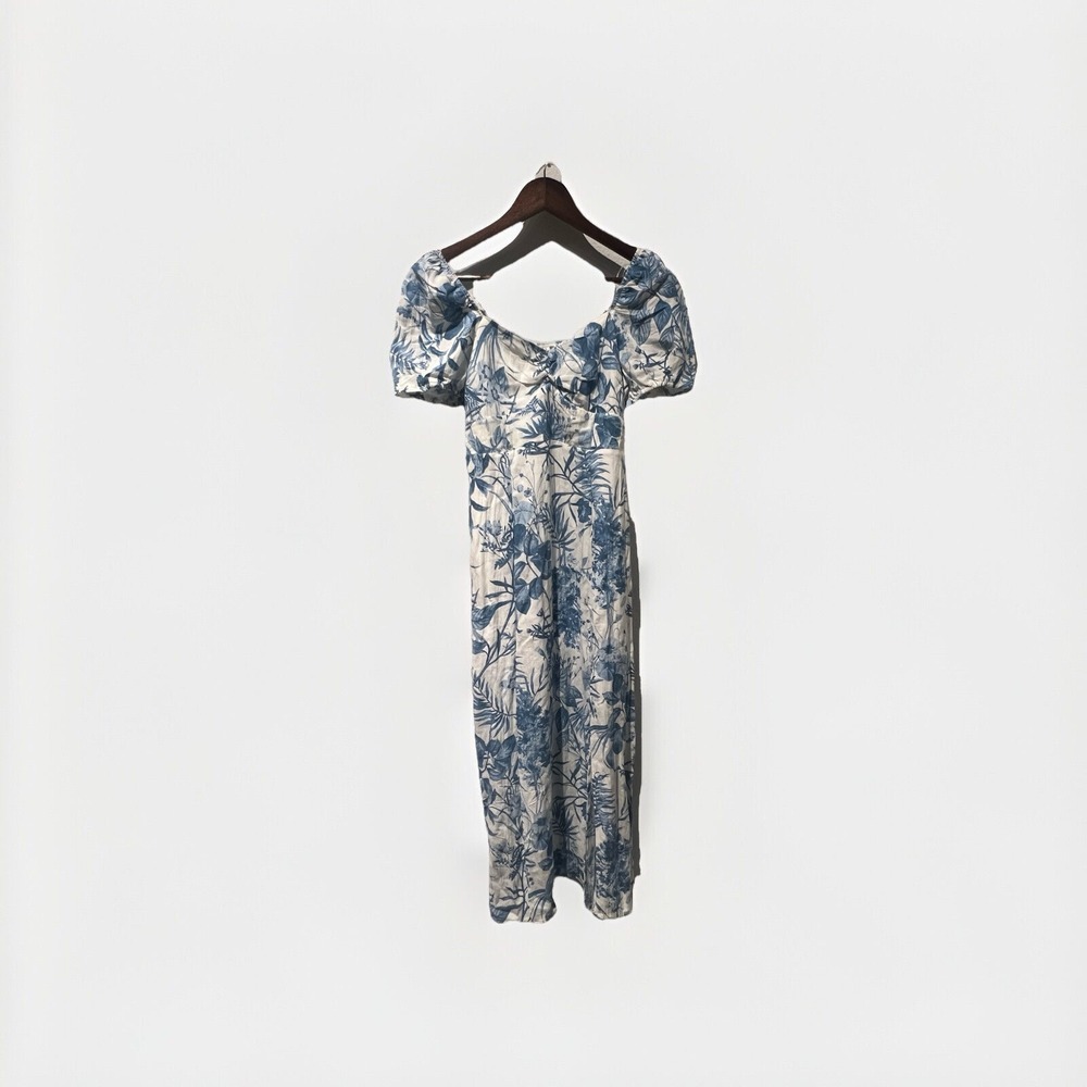 ZOE & CLAIRE Floral Puff Sleeve Front Slit Midi Dress Size Small Cottagecore